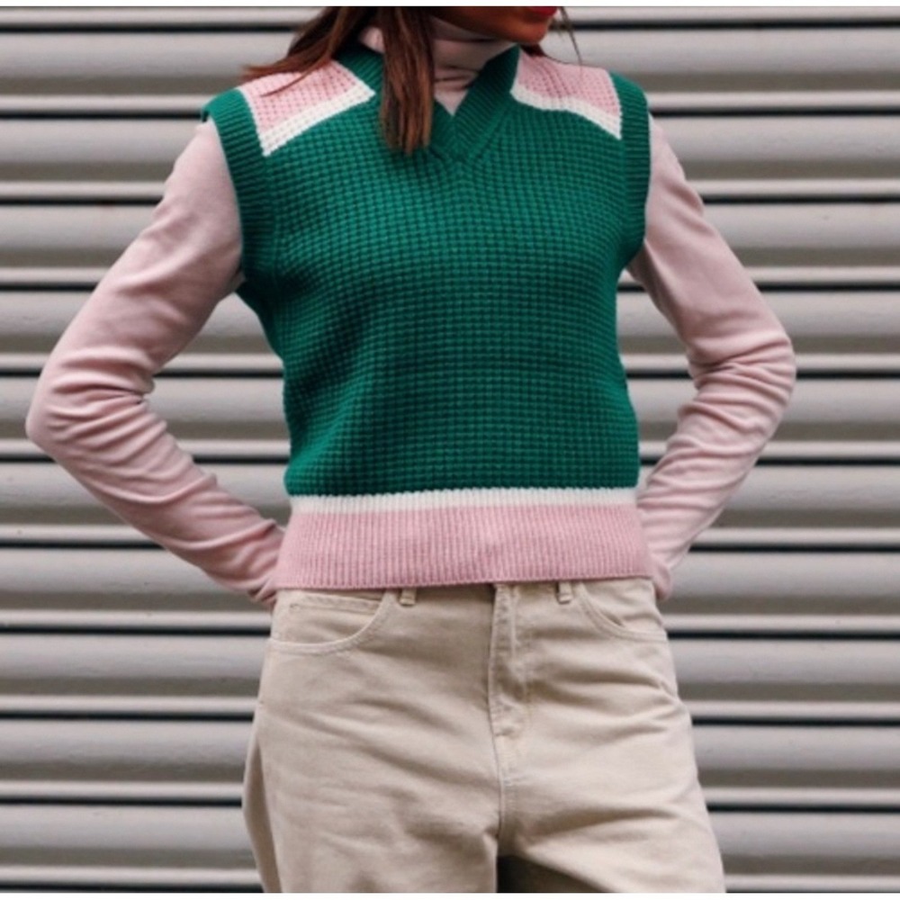 Marni x Uniqlo Green Pink Colorblock Waffle Knit Sweater Vest V-Neck Womens M - Picture 7 of 7